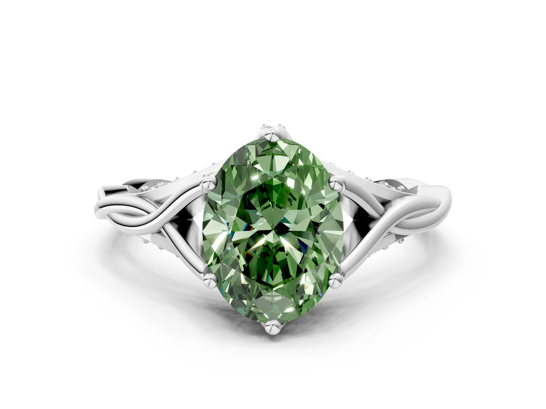 White gold Fancy Green Oval  Solitaire Twist Band Six-Prong Setting 1