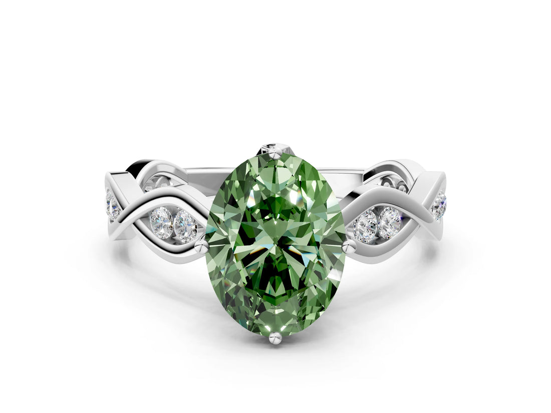 White gold Fancy Green Oval  Solitaire Twist Band with Leaf Prong Setting 1