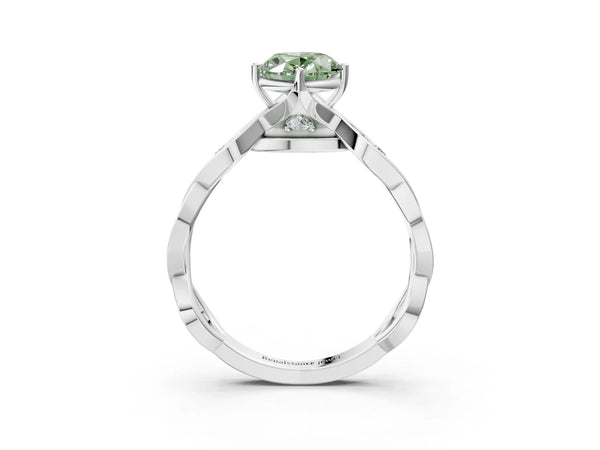 White Gold Oval Twisted Engagement Ring Setting for Fancy Green Center with Accented Crossover Band