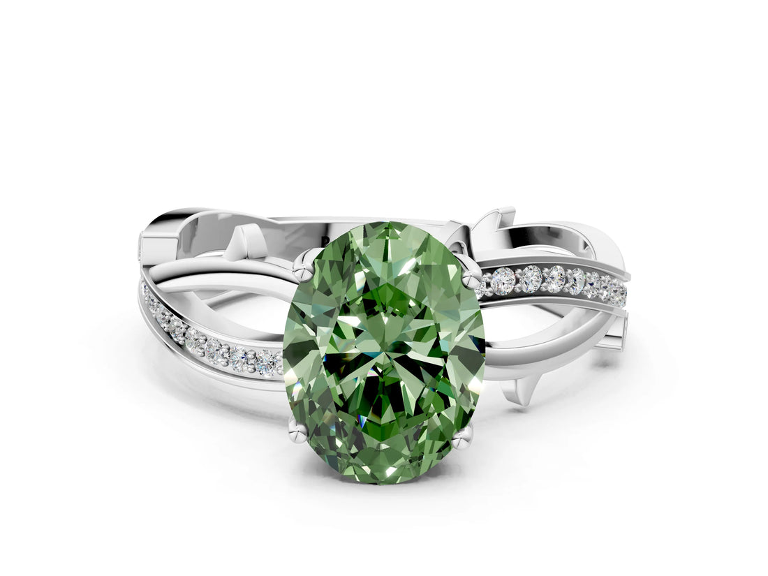 White gold Fancy Green Oval  Solitaire Twist Band with Pavé Accents and Four-Prong Setting_20