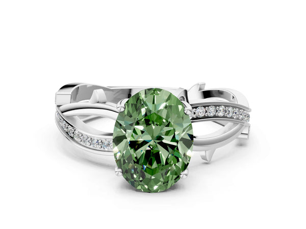 White gold Fancy Green Oval  Solitaire Twist Band with Pavé Accents and Four-Prong Setting