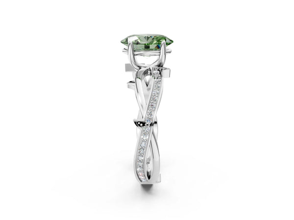 White gold Fancy Green Oval  Solitaire Twist Band with Pavé Accents and Four-Prong Setting