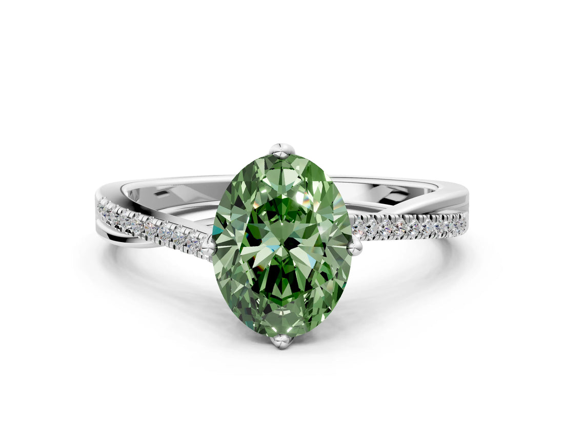 White gold Fancy Green Oval  Solitaire Twist Band with Pavé Diamonds and Four-Prong Setting_129