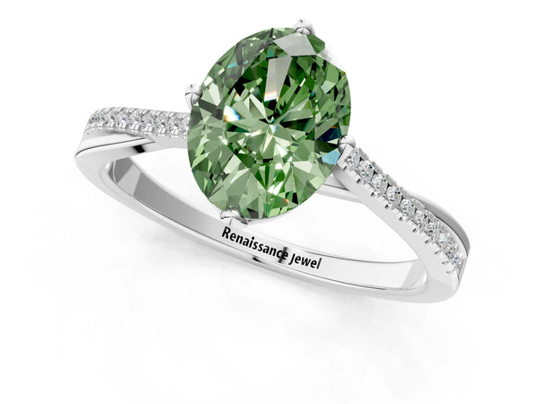 White gold Fancy Green Oval  Solitaire Twist Band with Pavé Diamonds and Four-Prong Setting