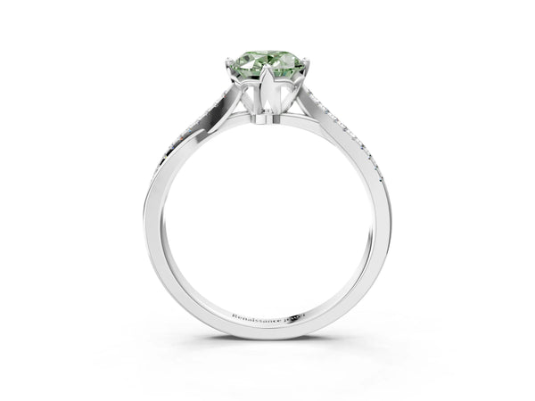 White gold Fancy Green Oval  Solitaire Twist Band with Pavé Diamonds and Four-Prong Setting