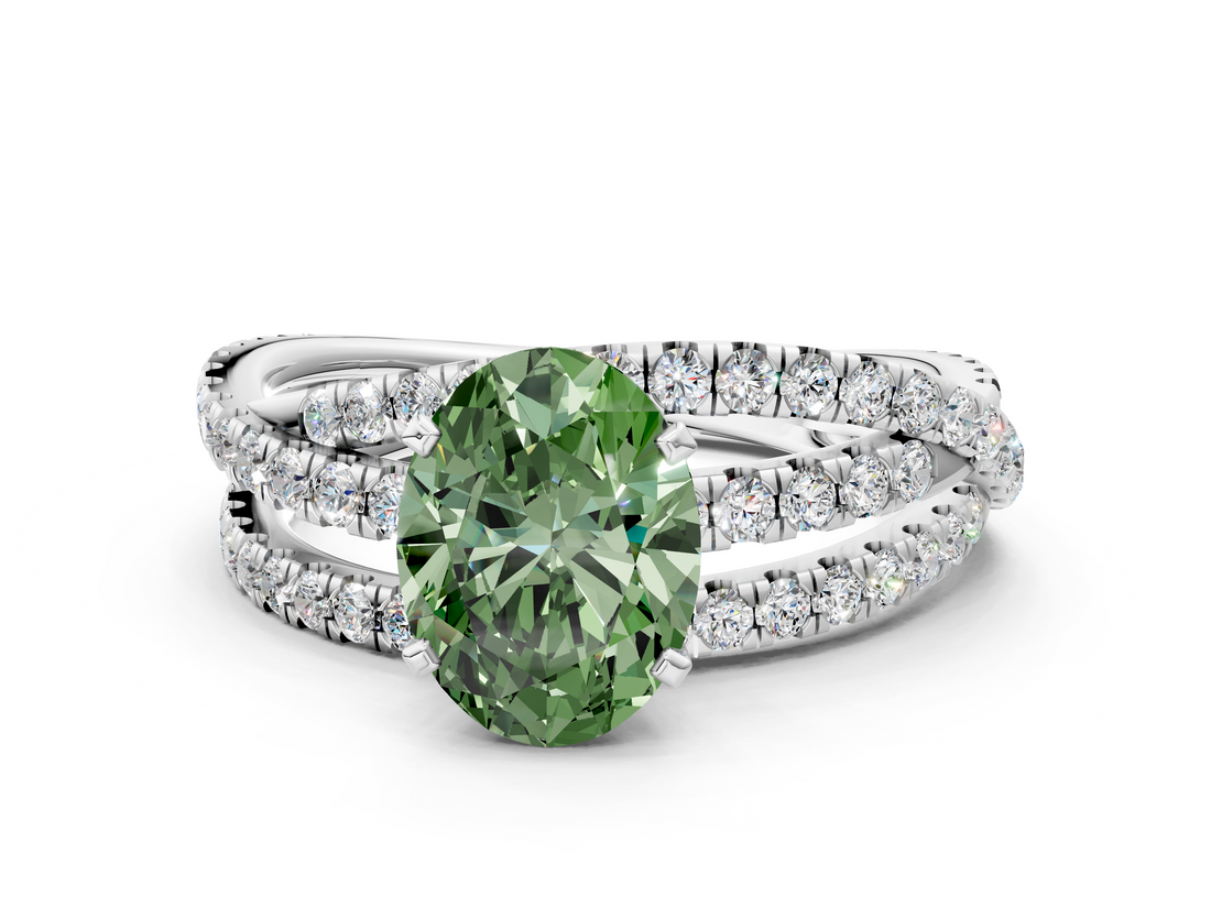 White gold Fancy Green Oval  Solitaire Twist Band with Pavé Setting and Four-Prong Setting_109