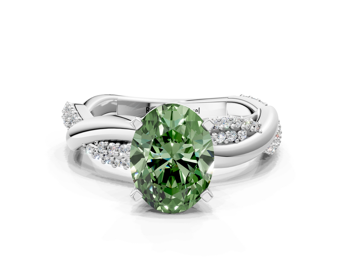 White gold Fancy Green Oval  Solitaire Twist Band with Pave Prong Setting_73