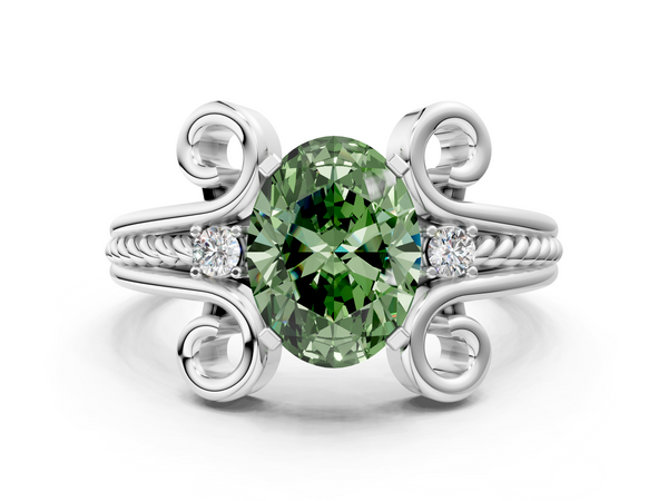Platinum Fancy Green Oval  Solitaire Twisted Band Scroll Prong Ring