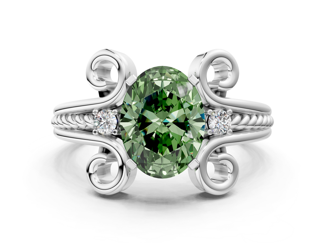 White gold Fancy Green Oval  Solitaire Twisted Band Scroll Prong Ring_3