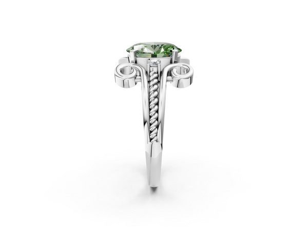 Platinum Fancy Green Oval  Solitaire Twisted Band Scroll Prong Ring