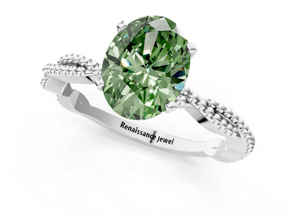 Platinum Fancy Green Oval  Solitaire Twisted Band with Bead Prong Setting