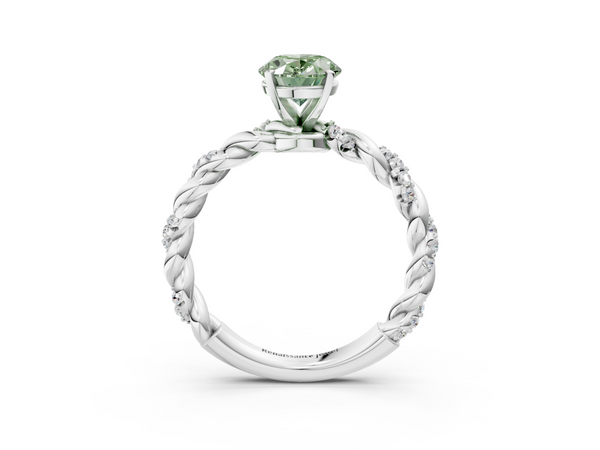 Platinum Fancy Green Oval Cut Diamond Solitaire Ring with Twisted Band and Pavé Accents