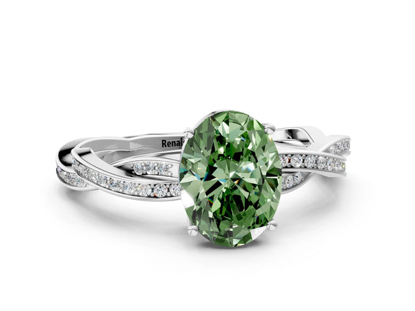 White gold Fancy Green Oval  Solitaire Twisted Pave Diamond Ring with Four-Prong Setting