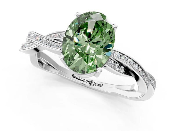 White gold Fancy Green Oval  Solitaire Twisted Pave Diamond Ring with Four-Prong Setting