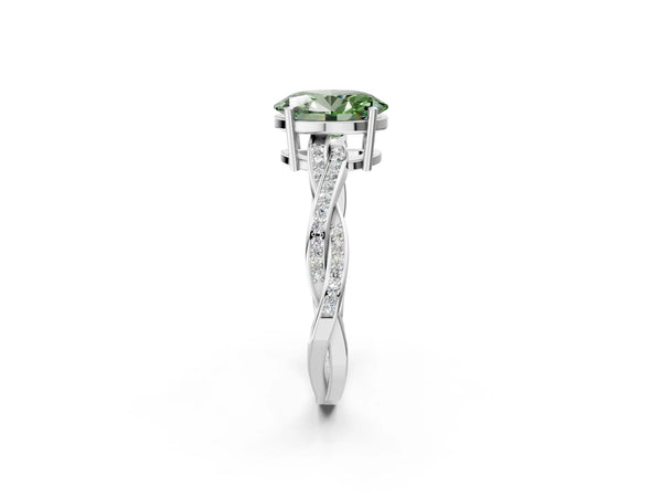 White gold Fancy Green Oval  Solitaire Twisted Pave Diamond Ring with Four-Prong Setting