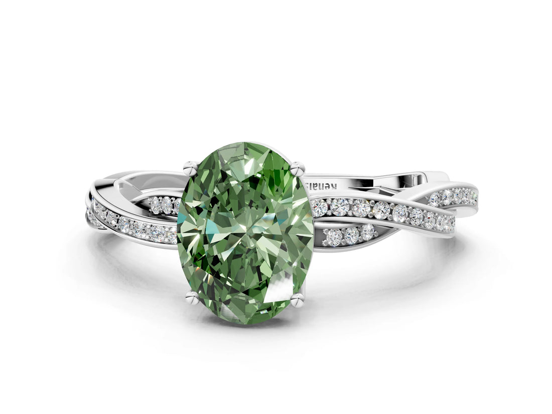 White gold Fancy Green Oval  Solitaire Twisted Pave Diamond Ring with Four-Prong Setting_148