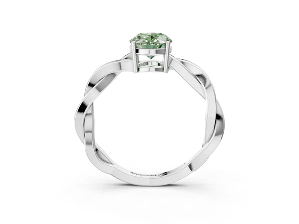 White gold Fancy Green Oval  Solitaire Twisted Pave Diamond Ring with Four-Prong Setting