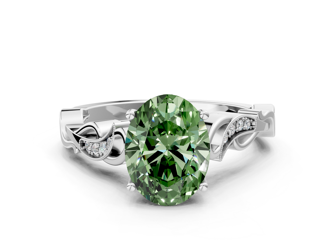 White gold Fancy Green Oval  Solitaire Vine Band with Milgrain Prong Setting_3