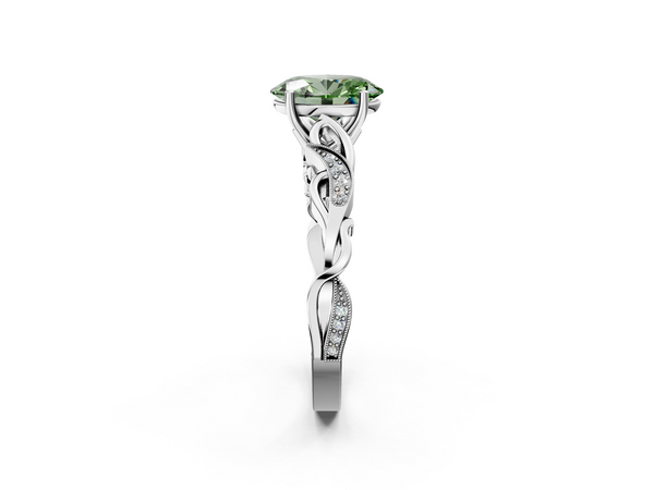 White gold Fancy Green Oval  Solitaire Vine Band with Milgrain Prong Setting
