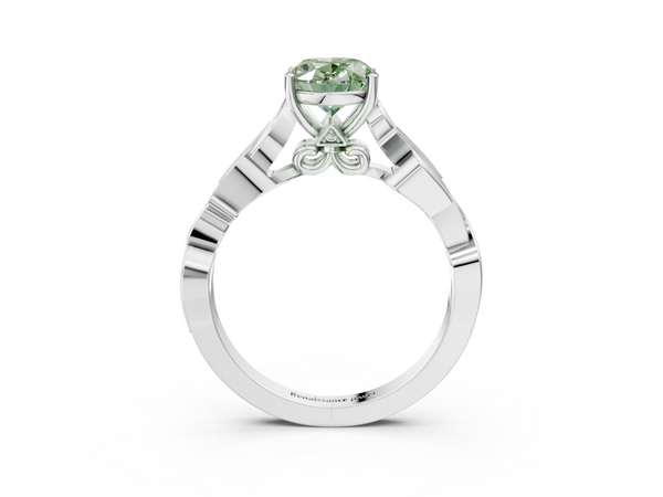 White gold Fancy Green Oval  Solitaire Vine Band with Milgrain Prong Setting