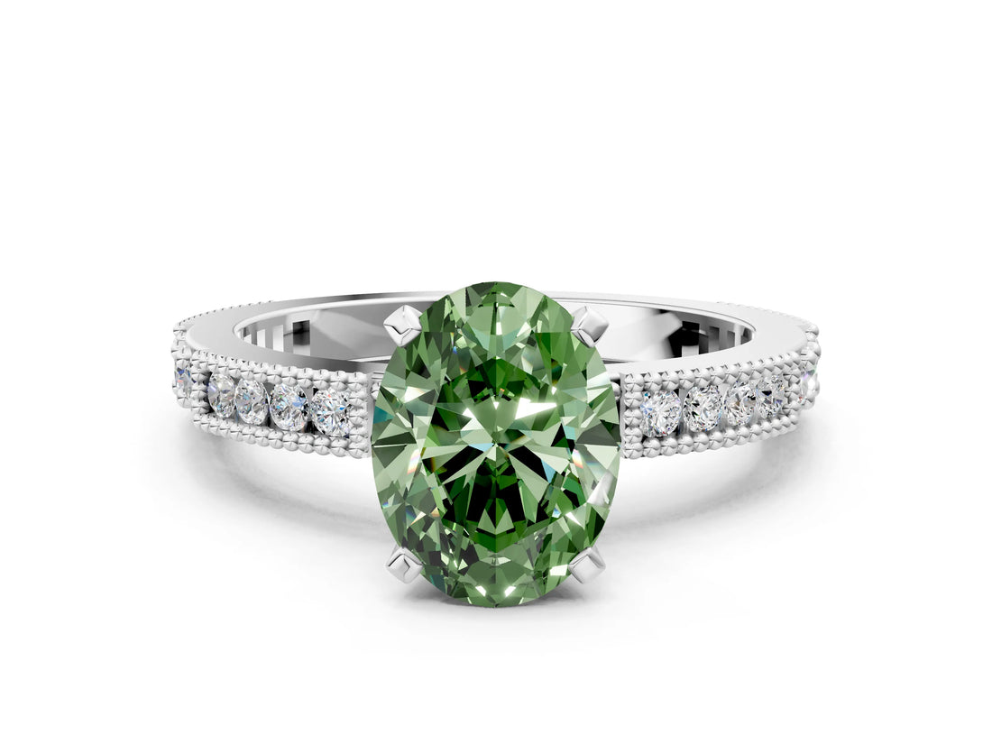 White gold Fancy Green Oval  Solitaire with Pavé Band and Four-Prong Setting_376