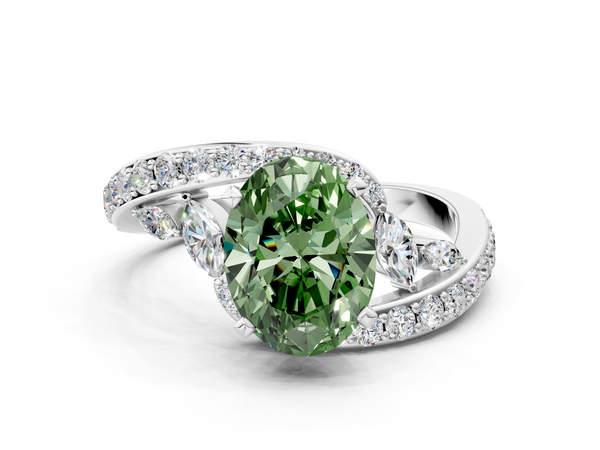 White gold Fancy Green Oval  Solitaire with Pavé Twist Band and Four-Prong Setting