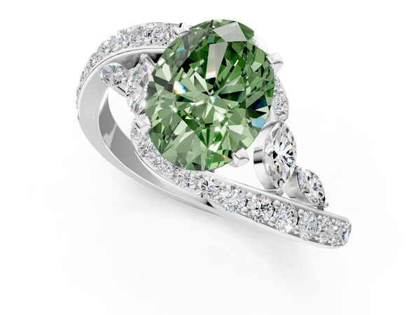 White gold Fancy Green Oval  Solitaire with Pavé Twist Band and Four-Prong Setting