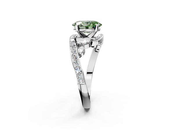 White gold Fancy Green Oval  Solitaire with Pavé Twist Band and Four-Prong Setting