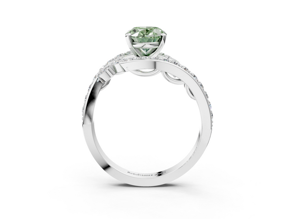 White gold Fancy Green Oval  Solitaire with Pavé Twist Band and Four-Prong Setting