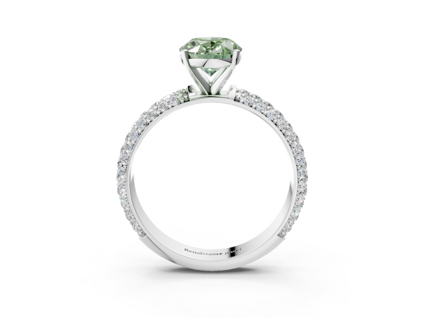 White gold Fancy Green Oval  Diamond Solitaire Ring with Prong Setting and Pavé Band