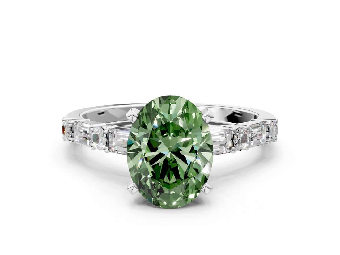 White gold Fancy Green Oval  Solitaire with Side Baguettes and Channel Set Band_115