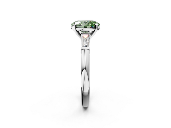White gold Fancy Green Oval  Solitaire with Tapered Baguette Side Stones on a Classic Band with Four-Prong Setting
