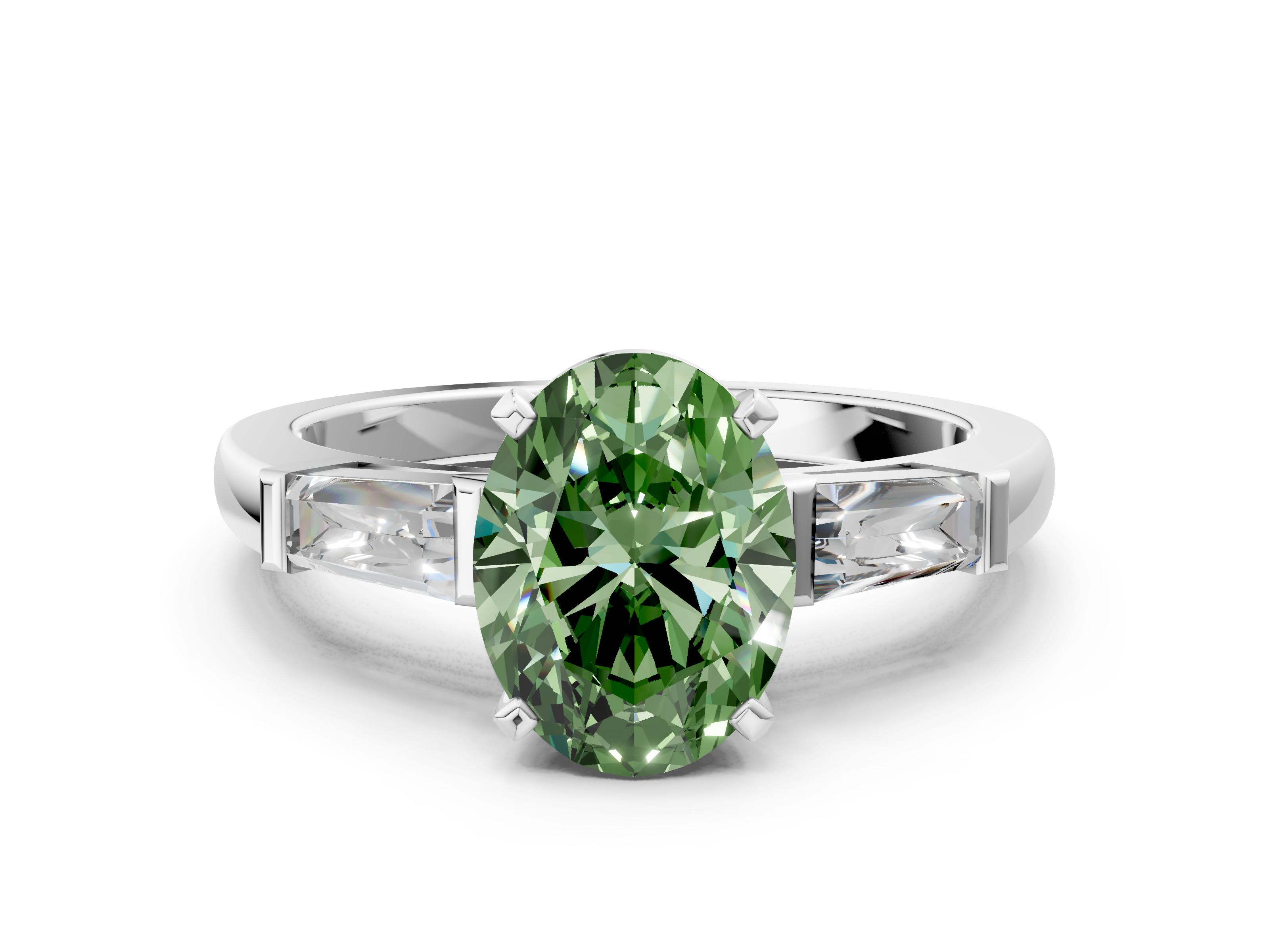 White gold Fancy Green Oval  Solitaire with Tapered Baguette Side Stones on a Classic Band with Four-Prong Setting_64