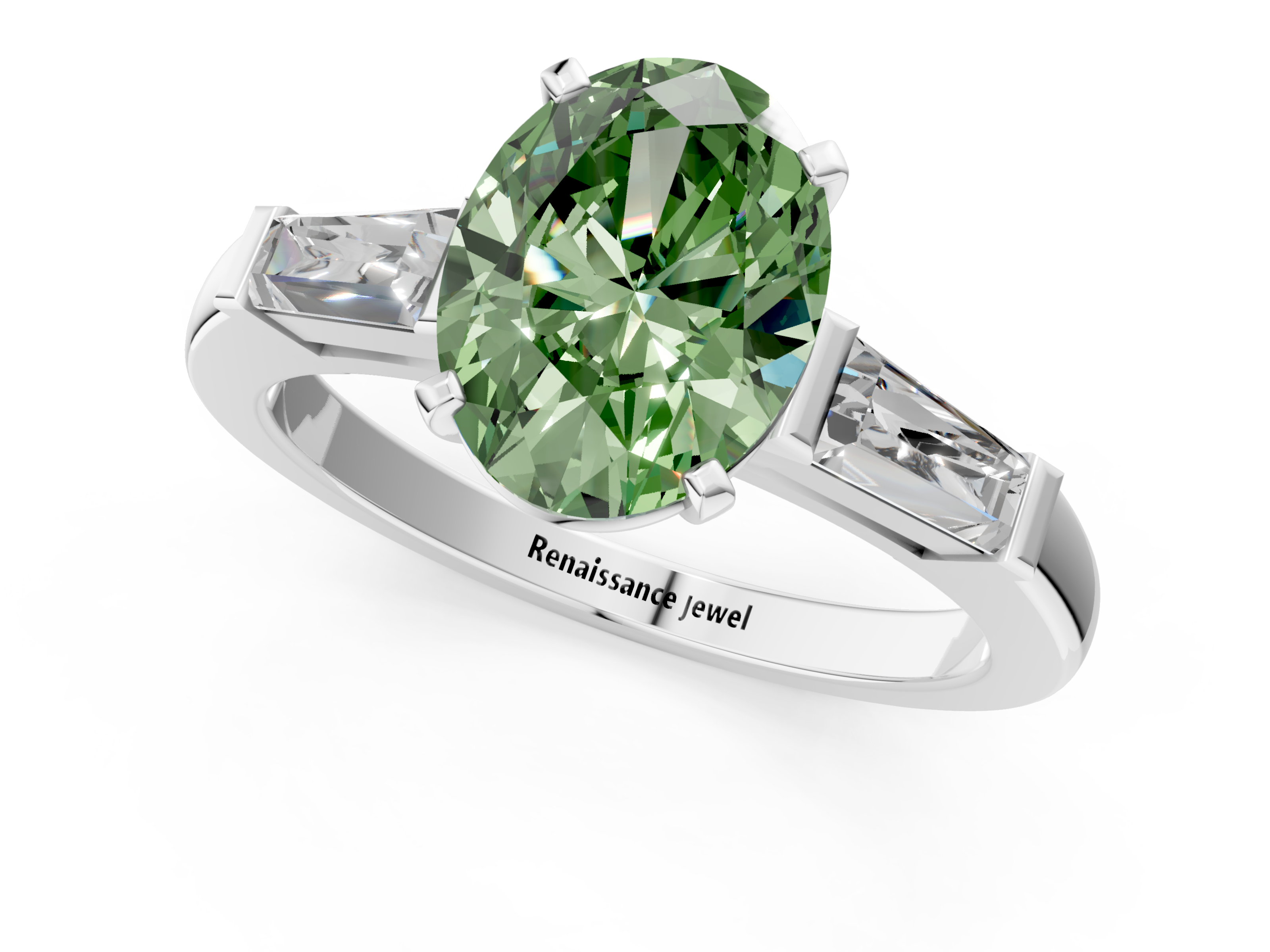 White gold Fancy Green Oval  Solitaire with Tapered Baguette Side Stones on a Classic Band with Four-Prong Setting_65