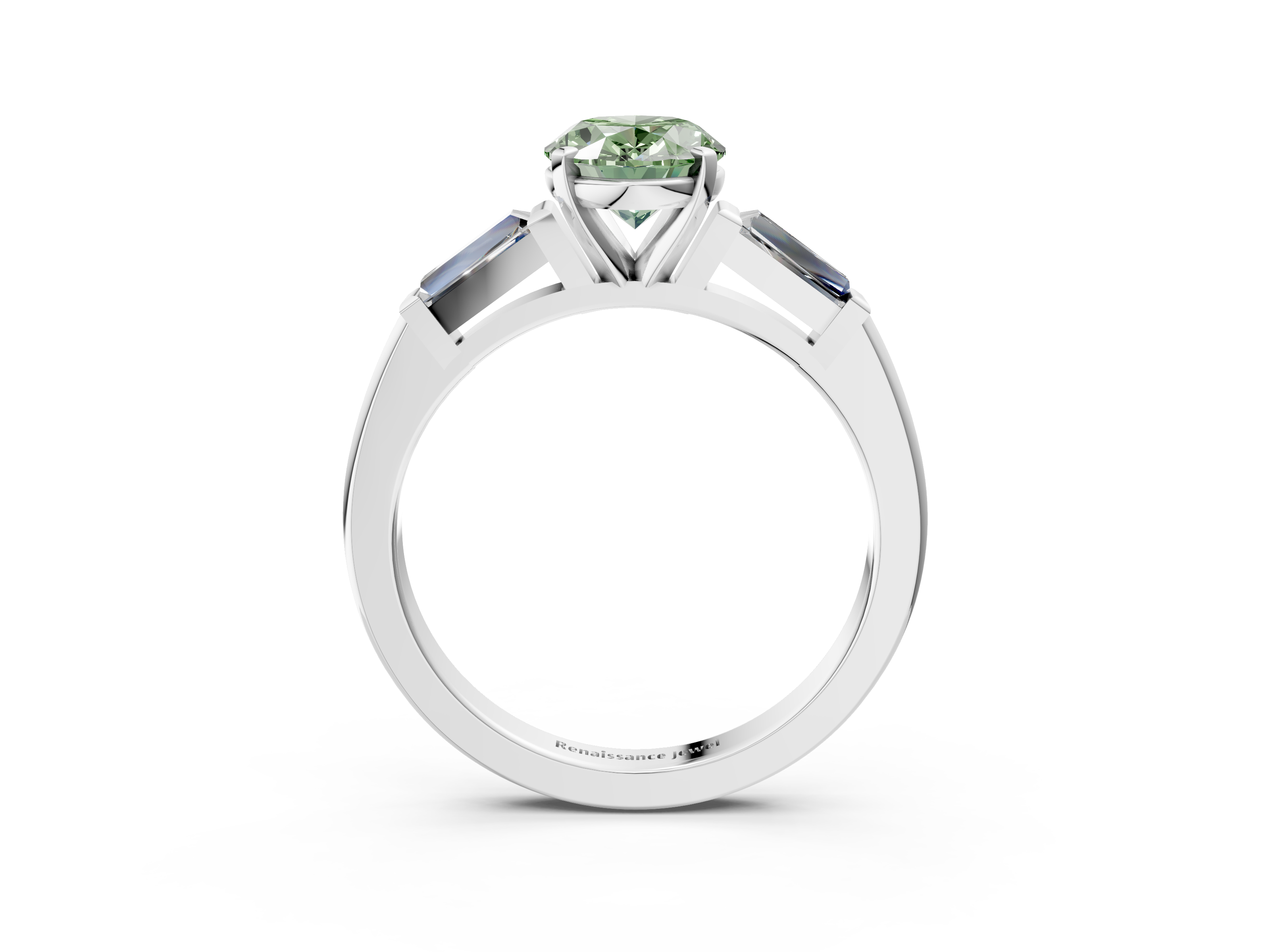 White gold Fancy Green Oval  Solitaire with Tapered Baguette Side Stones on a Classic Band with Four-Prong Setting_67