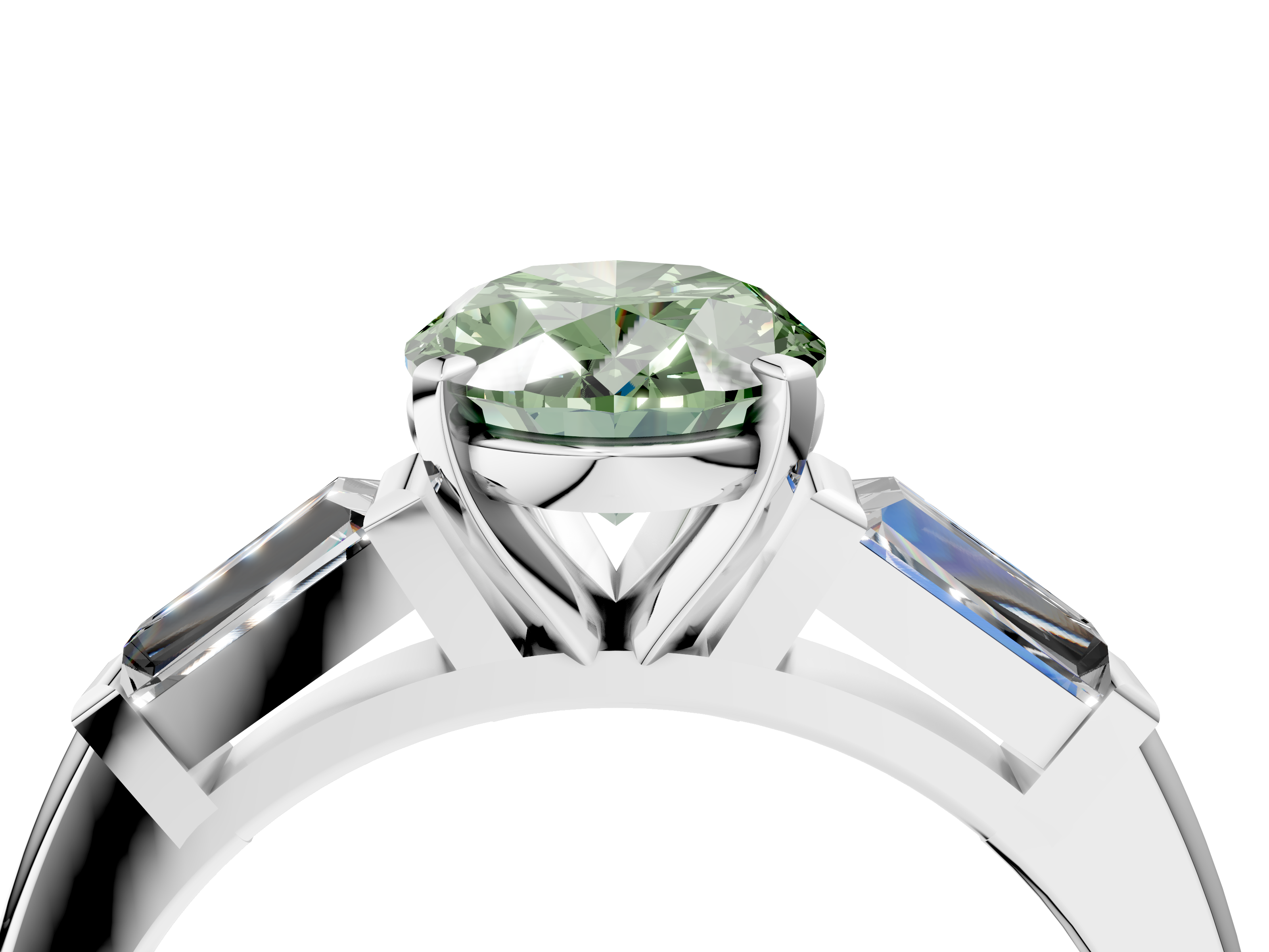 White gold Fancy Green Oval  Solitaire with Tapered Baguette Side Stones on a Classic Band with Four-Prong Setting_68