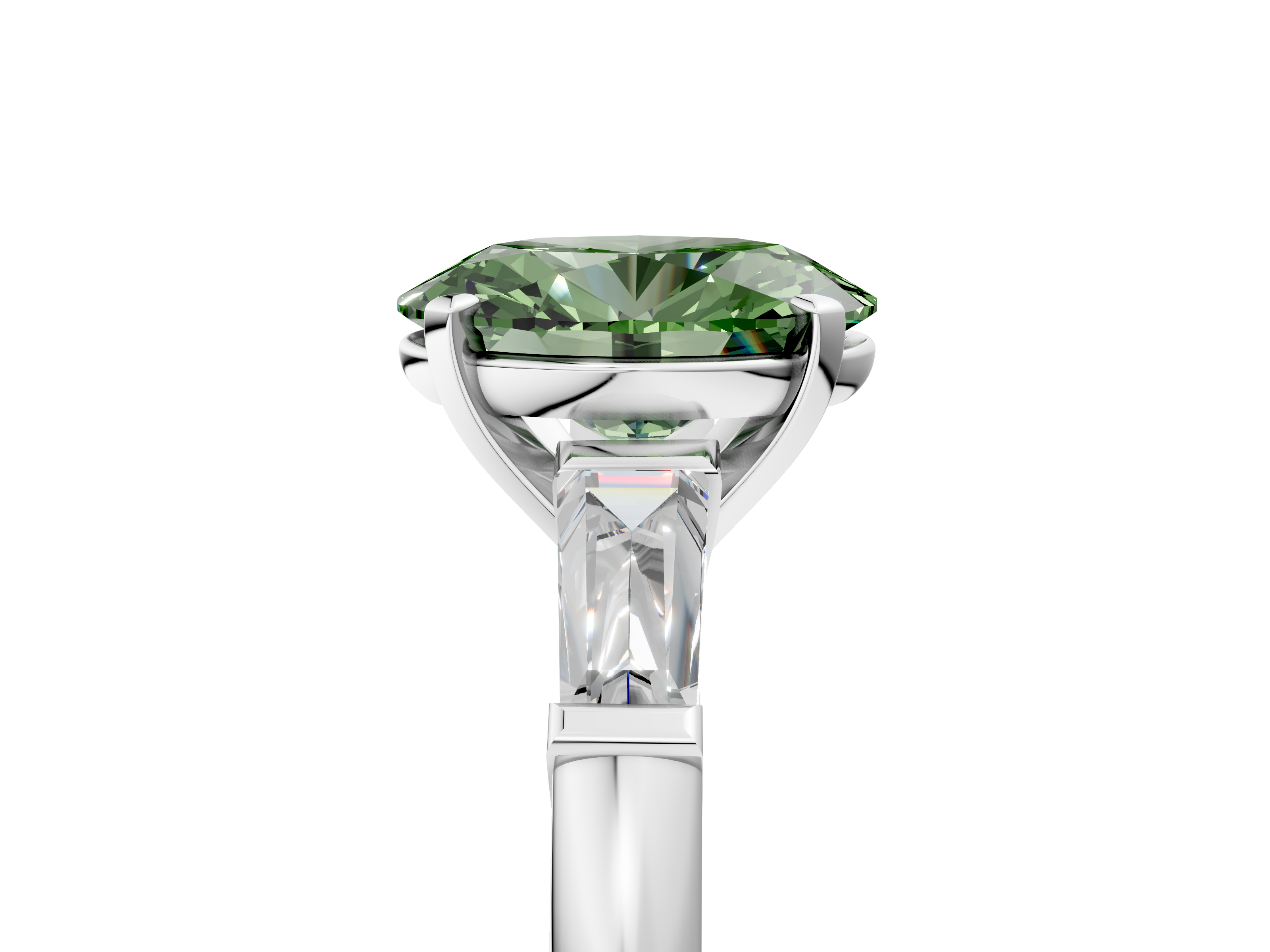 White gold Fancy Green Oval  Solitaire with Tapered Baguette Side Stones on a Classic Band with Four-Prong Setting_69