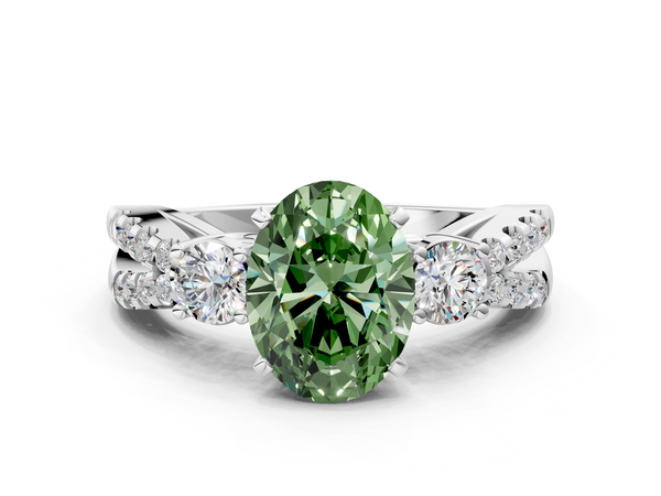 White gold Fancy Green Oval Cut Diamond Three-Stone Ring with Pavé Split Shank and Four-Prong Setting