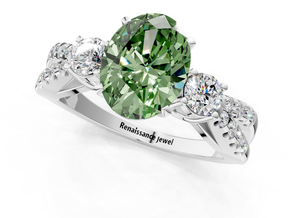 White gold Fancy Green Oval Cut Diamond Three-Stone Ring with Pavé Split Shank and Four-Prong Setting