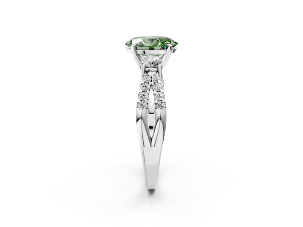 White gold Fancy Green Oval Cut Diamond Three-Stone Ring with Pavé Split Shank and Four-Prong Setting