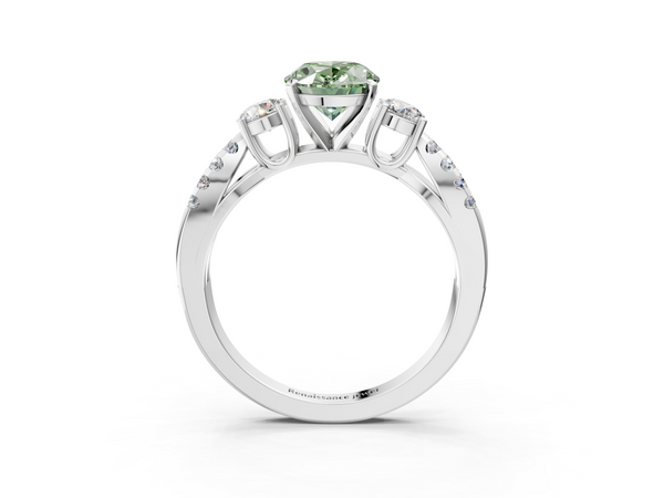 White gold Fancy Green Oval Cut Diamond Three-Stone Ring with Pavé Split Shank and Four-Prong Setting