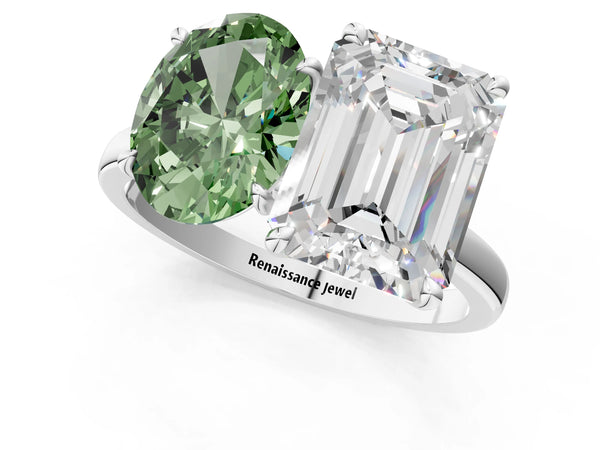 White gold Fancy Green Oval  and Emerald Cut Toi Moi Ring with Prong Setting