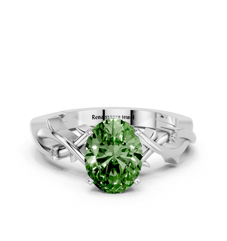 White gold Fancy Green Oval cut Solitaire Twisted Band Prong Setting Ring_15