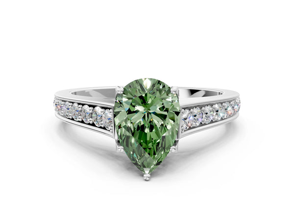 Platinum Fancy Green Pear  Brilliant Cut Diamond Engagement Ring with Pavé Band and Four-Prong Setting
