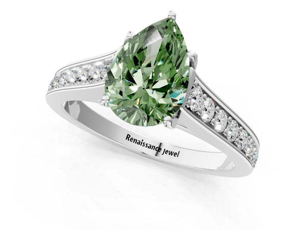 Platinum Fancy Green Pear  Brilliant Cut Diamond Engagement Ring with Pavé Band and Four-Prong Setting