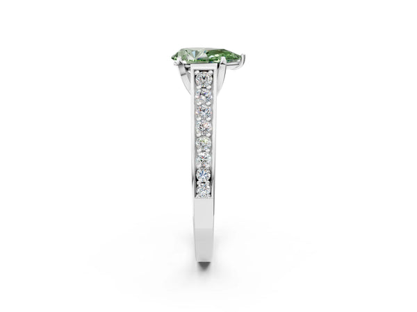 Platinum Fancy Green Pear  Brilliant Cut Diamond Engagement Ring with Pavé Band and Four-Prong Setting