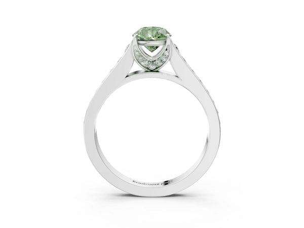 Platinum Fancy Green Pear  Brilliant Cut Diamond Engagement Ring with Pavé Band and Four-Prong Setting
