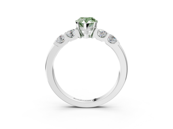 White gold Fancy Green Pear  Brilliant Cut Diamond Five-Stone Prong Set Engagement Ring with Channel Band