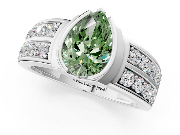 Platinum Fancy Green Pear  Brilliant Diamond Channel Set Wide Band Ring with Bezel Setting