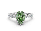 White gold Fancy Green Pear  Brilliant Diamond Solitaire with Pavé Band and Four-Prong Setting